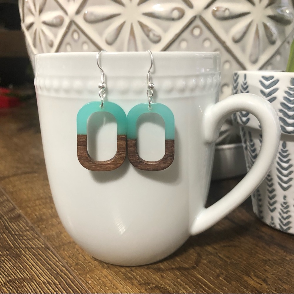 Turquoise resin and wood rectangular earrings